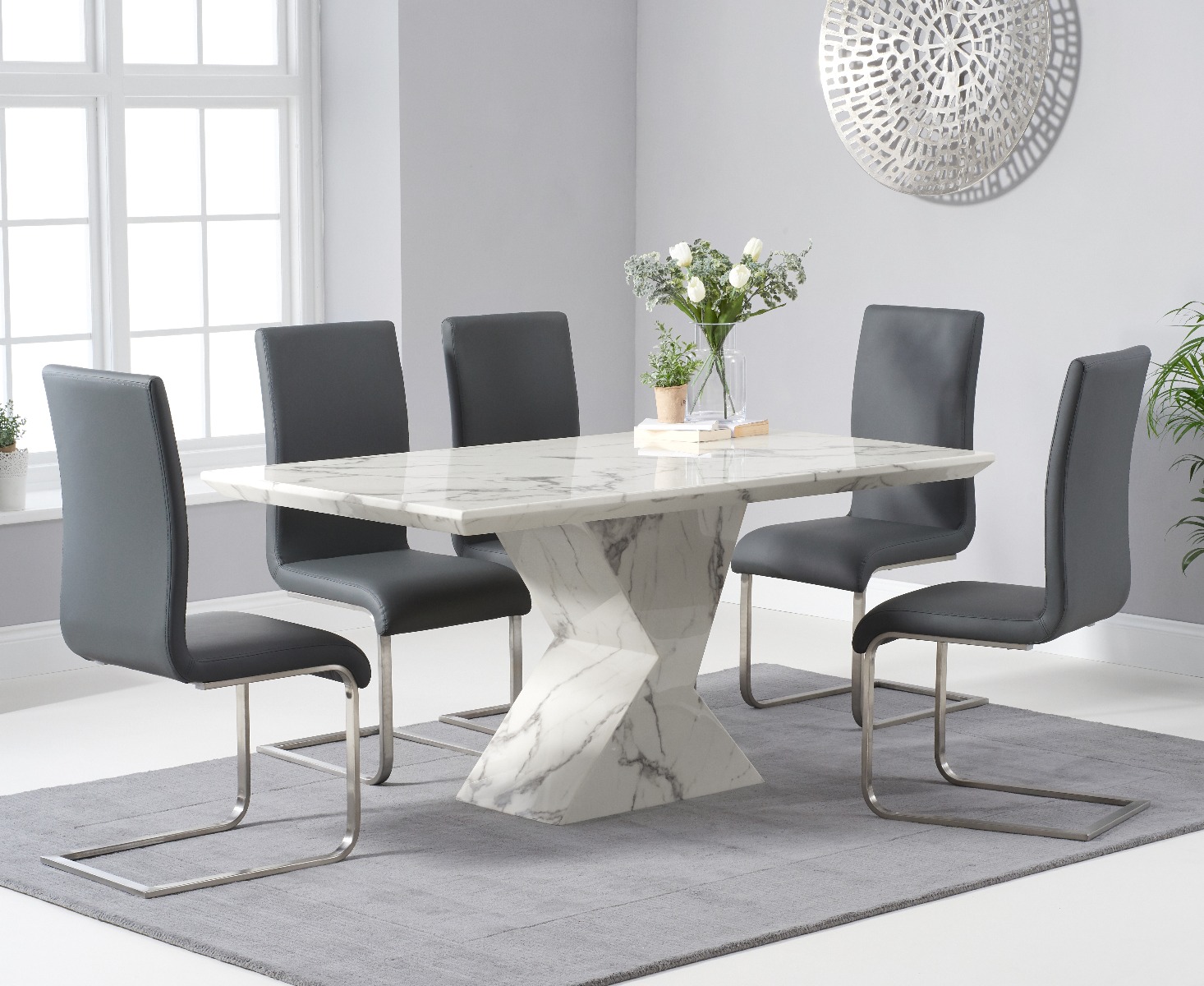 Colby 200cm Oval White Marble Dining Table with 6 Grey Sienna Chairs