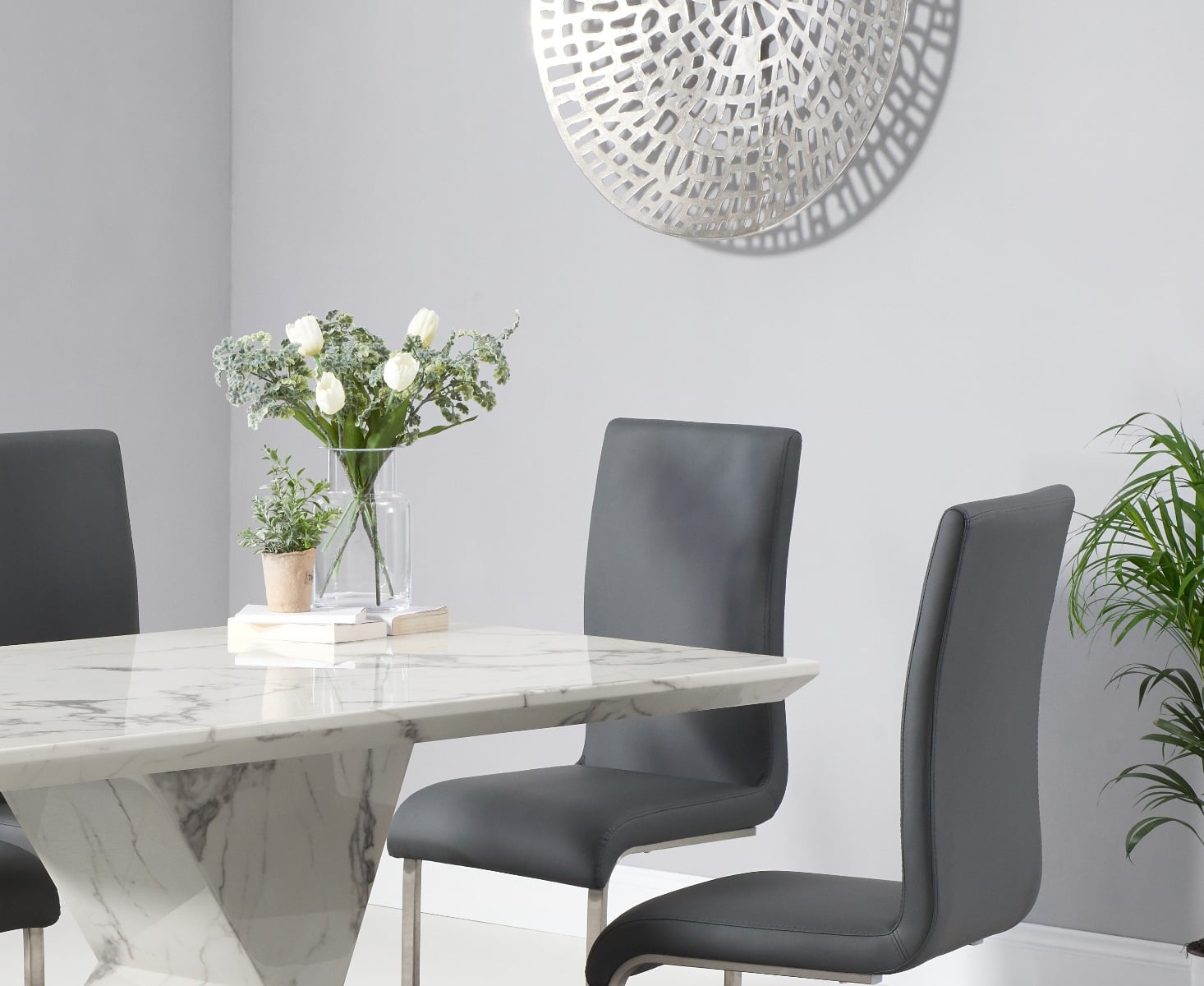 Colby 200cm Oval White Marble Dining Table with 6 Grey Sienna Chairs
