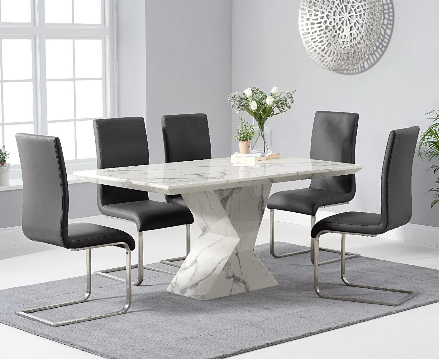 Colby 200cm Oval White Marble Dining Table with 6 Grey Lorenzo Chairs