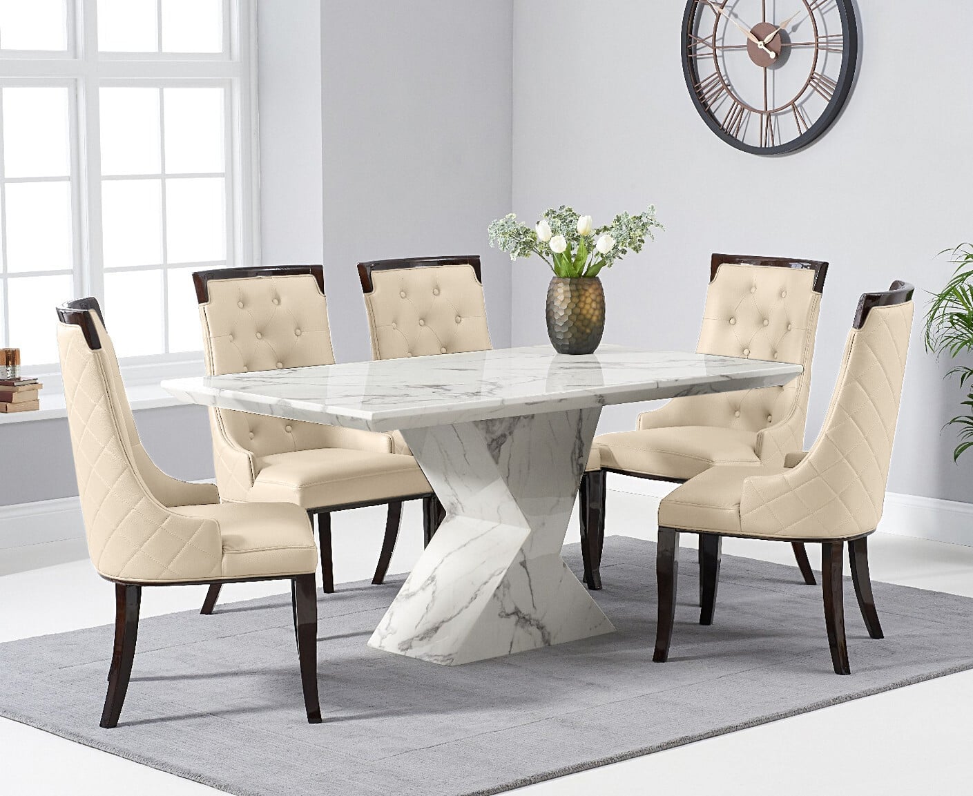 Colby 200cm Oval White Marble Dining Table with 6 Grey Sienna Chairs