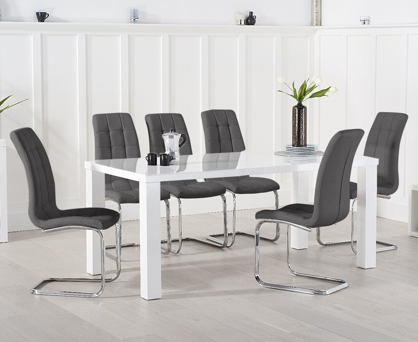 Colby 200cm Oval White Marble Dining Table with 6 Grey Lorenzo Chairs