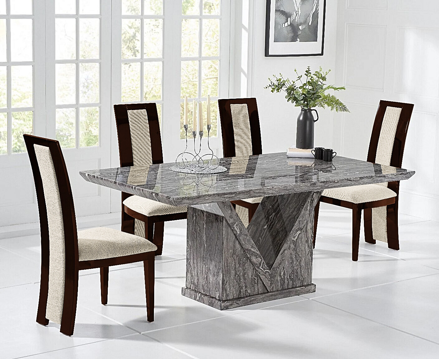 Colby 200cm Oval White Marble Dining Table with 6 Grey Sienna Chairs