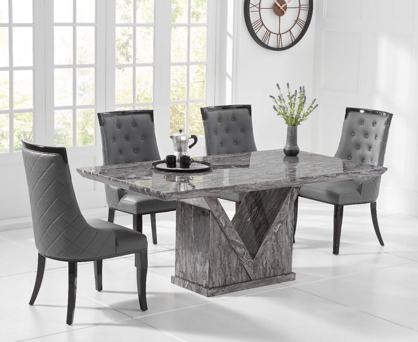 Colby 200cm Oval White Marble Dining Table with 6 Grey Sienna Chairs