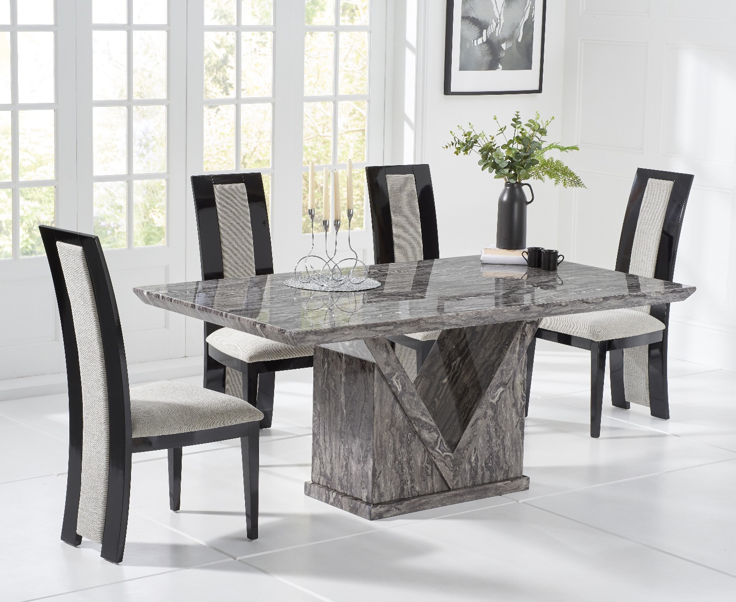 Colby 200cm Oval White Marble Dining Table with 6 Grey Sienna Chairs