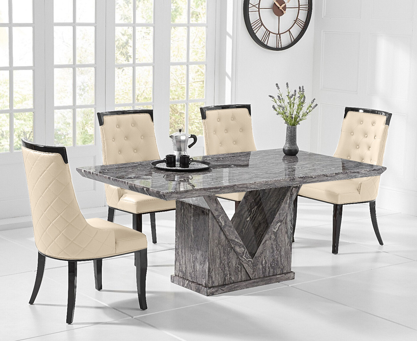 Colby 200cm Oval White Marble Dining Table with 6 Grey Sienna Chairs