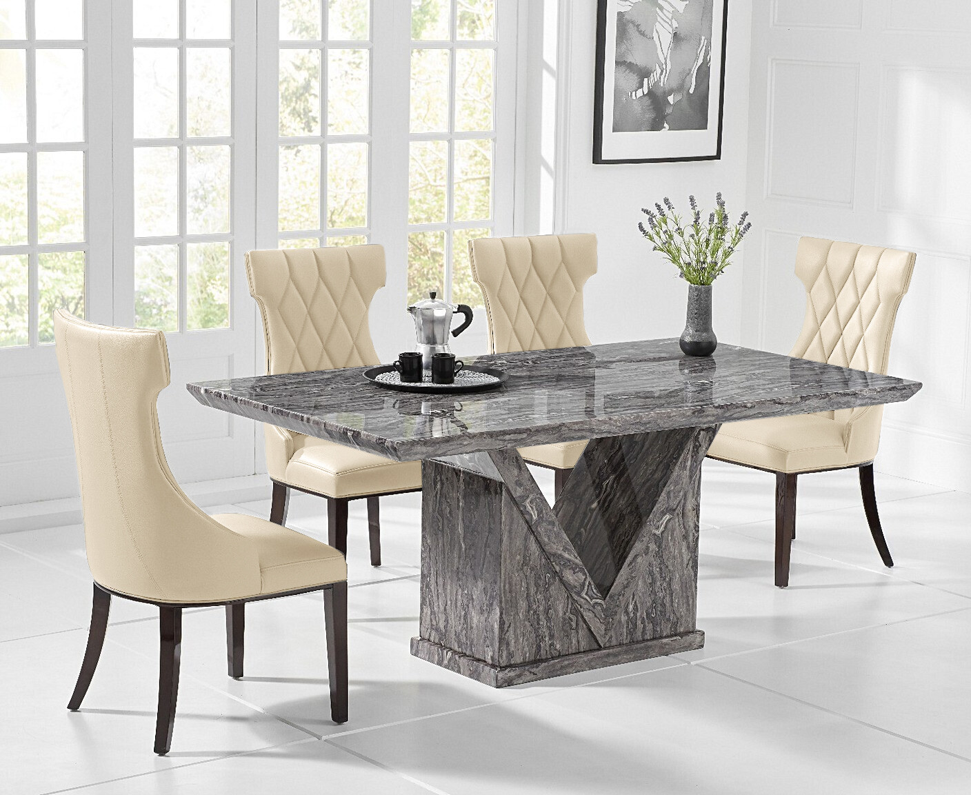 Colby 200cm Oval White Marble Dining Table with 6 Grey Sienna Chairs