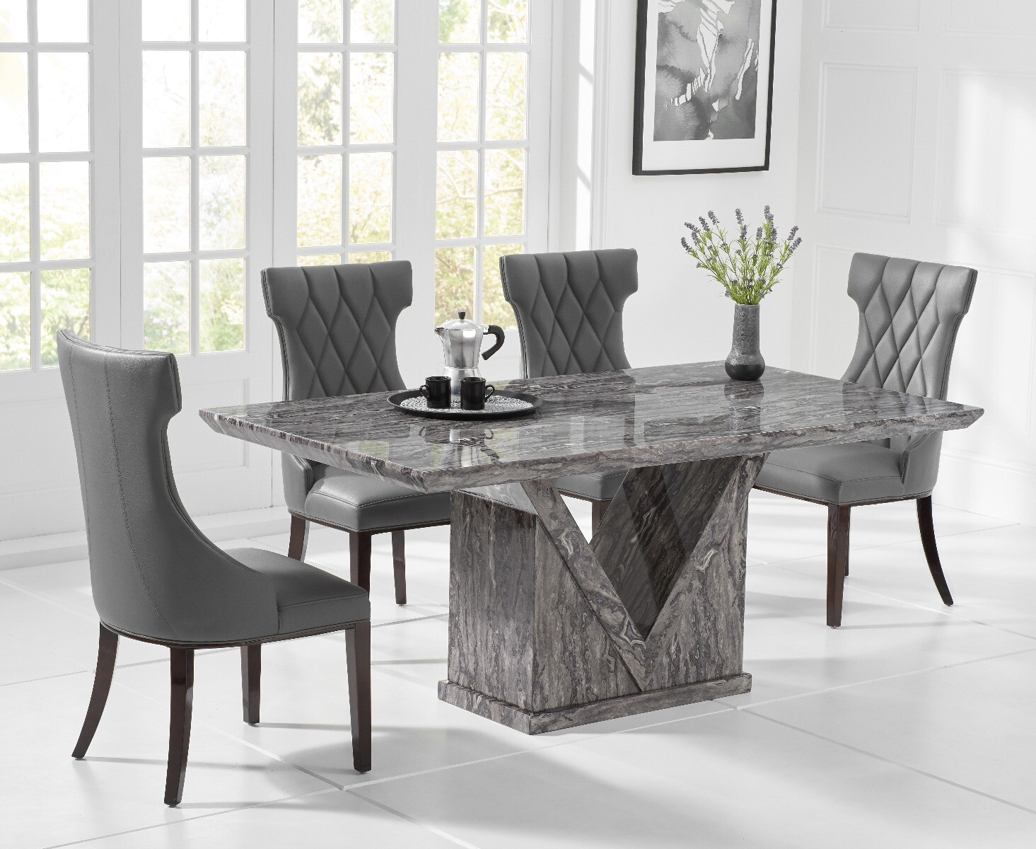 Colby 200cm Oval White Marble Dining Table with 6 Grey Sienna Chairs