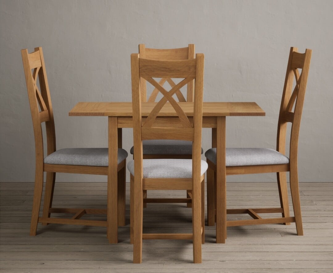 York 150cm Solid Oak Dining Table with 4 Light Grey York Chairs and 2 Oak Benches